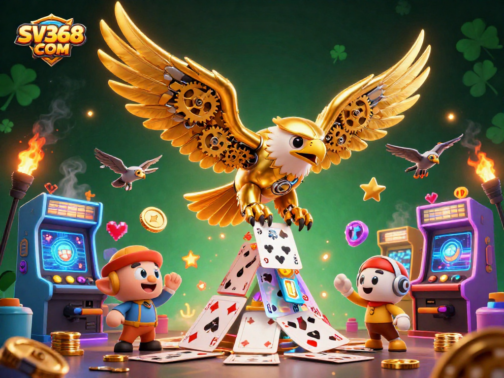 Experience SV368 COM's vibrant gaming landscape with a 3D eagle soaring through dynamic casino elements.
