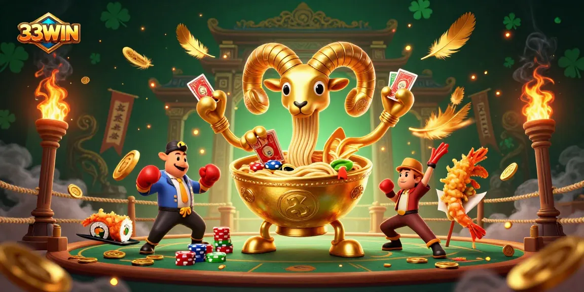 33WIN showcases a vibrant casino scene with colorful characters engaging in gambling excitement.