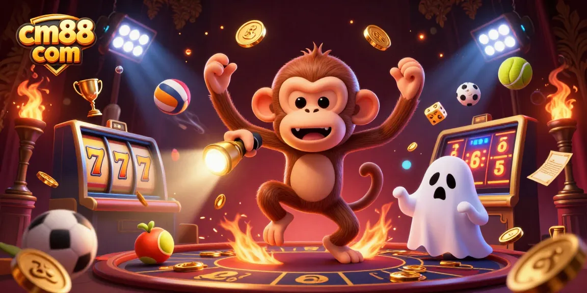 Explore thrilling gaming moments with cm88 com, featuring a mischievous monkey and poker elements in a dynamic casino scene.