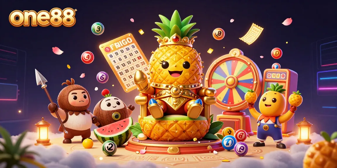 Engage with one88's vibrant casino world featuring the golden pineapple king and festive gaming elements.
