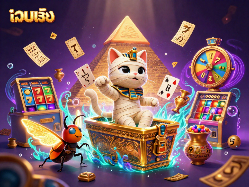 Experience exciting slots at เว็บตรง with a vibrant scene of a mummy cat and gaming elements.