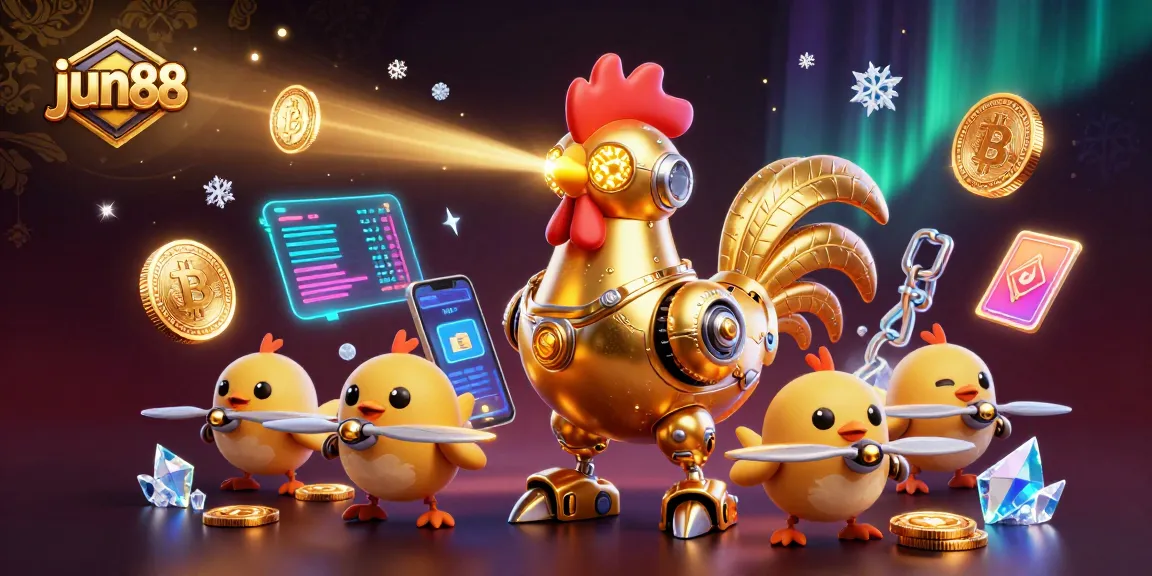 Experience exciting gaming at jun88 with a futuristic casino scene featuring a golden rooster robot.