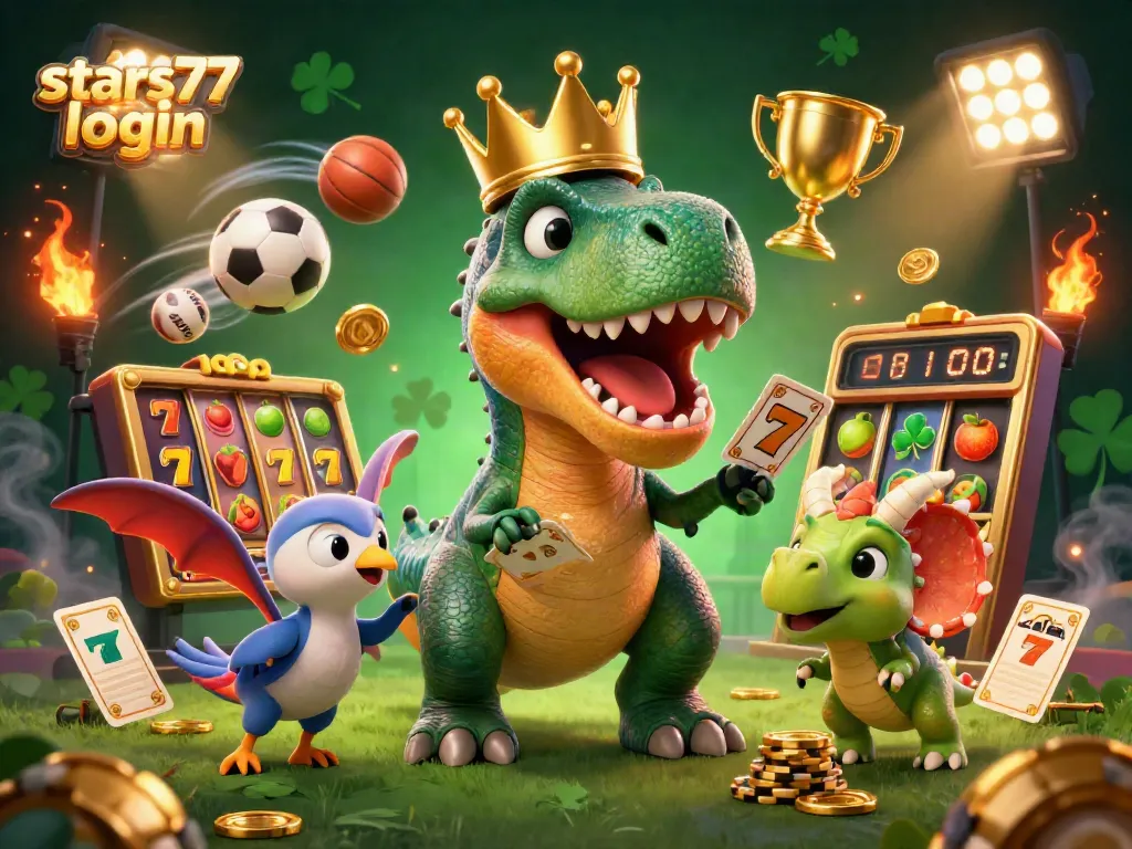 Login bintang 77 dalam permainan slot dengan dino lucu dan koin emas.