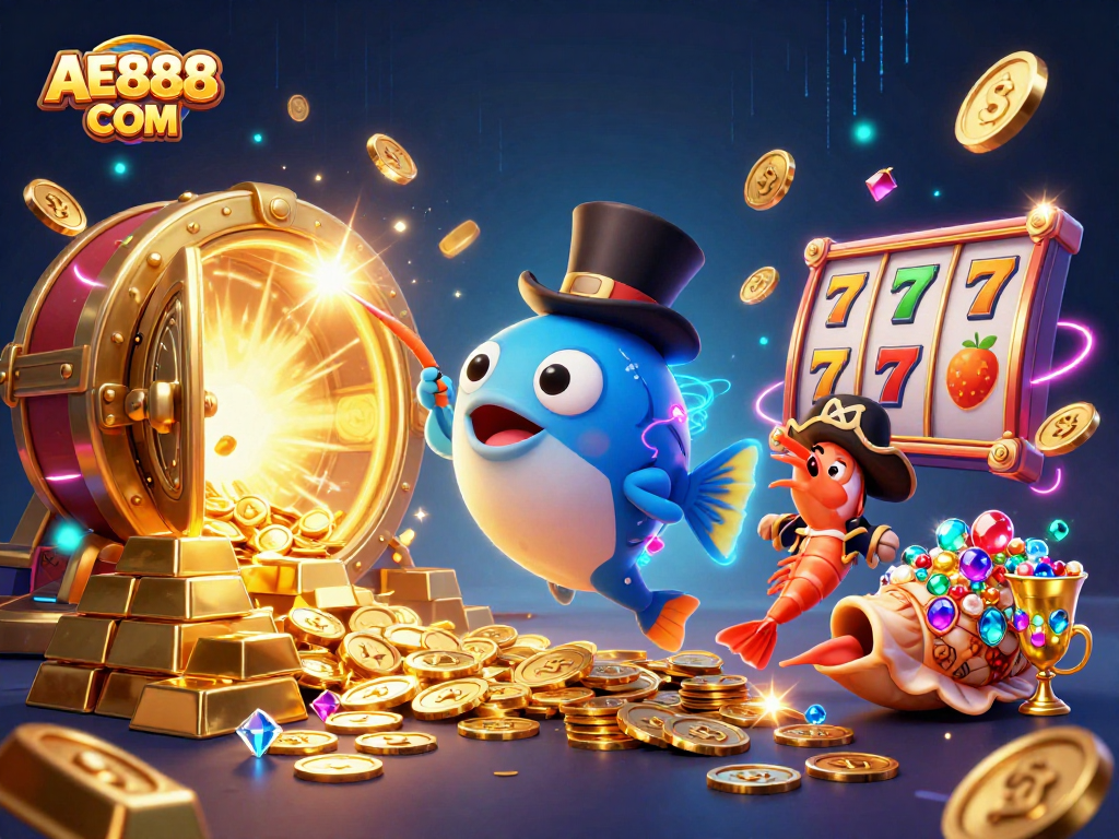 Win exciting jackpots at AE888 COM with thrilling treasures and interactive characters in a vibrant casino scene.