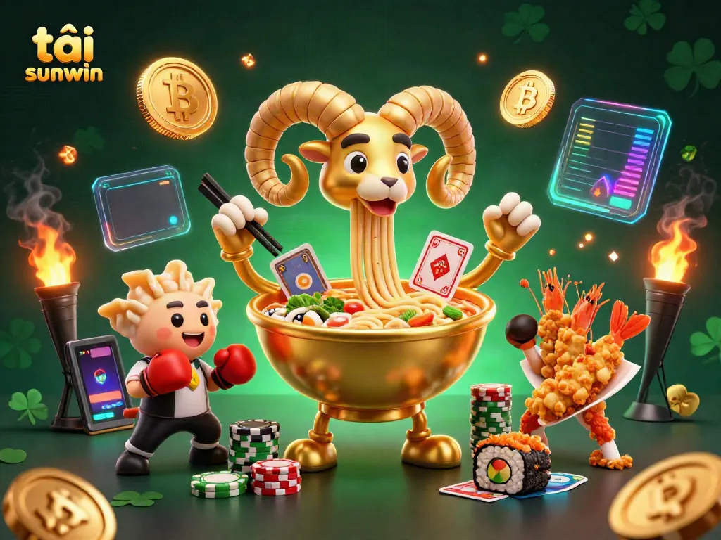 Experience high-stakes gaming excitement and tải sunwin with a vibrant 3D illustration of a golden ramen bowl dealing cards.