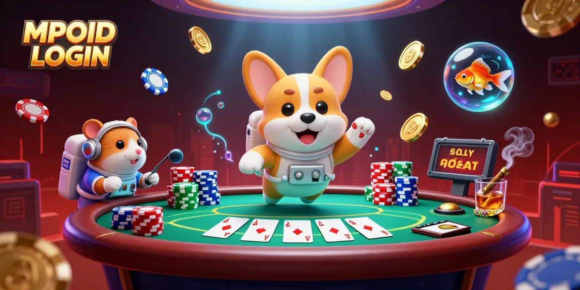 MPOID LOGIN showcases a playful astronaut corgi amidst drifting poker chips and coins in a vibrant casino scene.