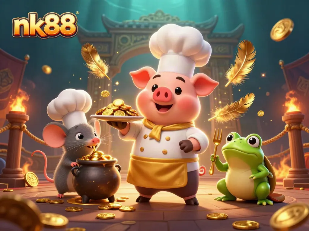 Experience the thrill of nk88 with a chef pig serving gold coins amidst vibrant gambling elements.