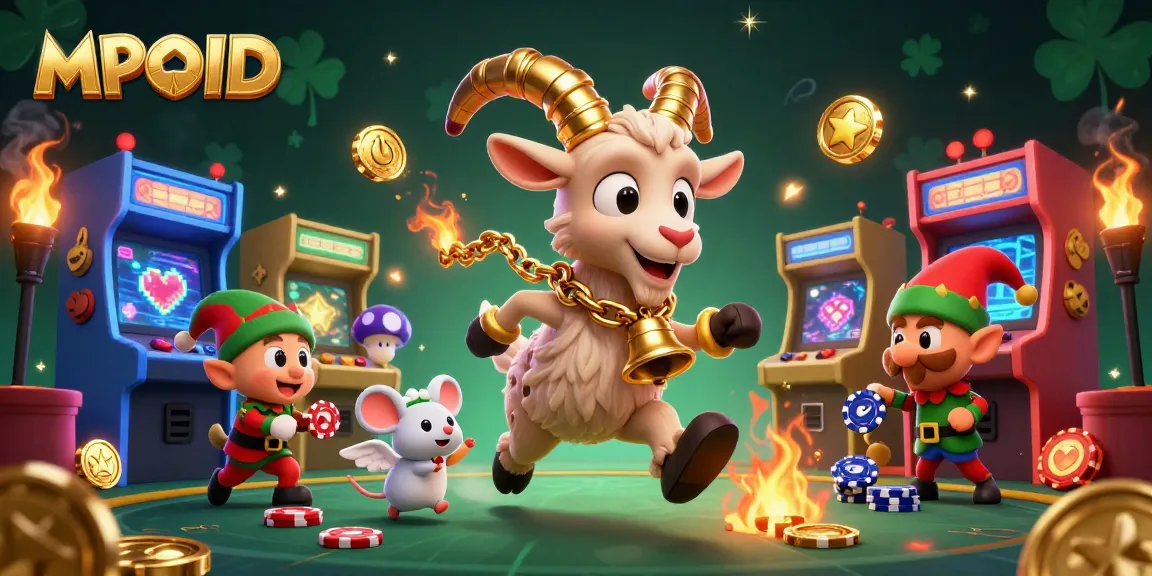 Engage in MPOID with festive Krampus goat and angel mouse managing a chaotic casino.