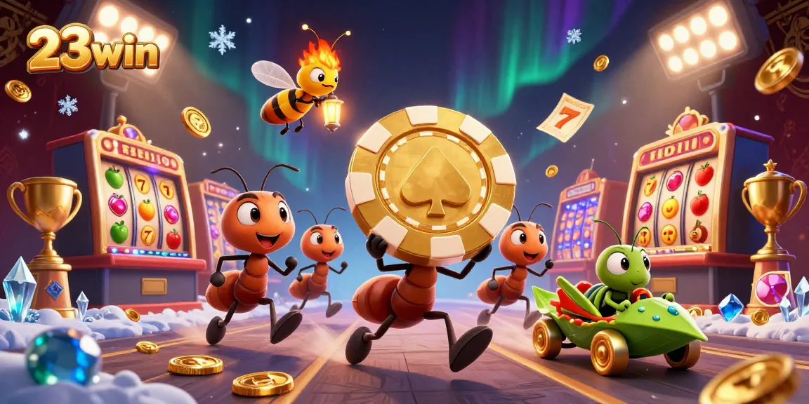 Engage in thrilling 23win slot games with a team of clever cartoon ants in a dynamic 3D scene.