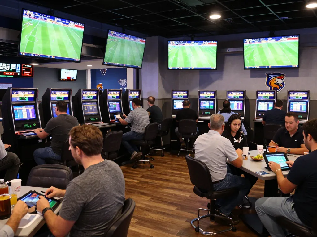 Fans analyzing tỷ lệ kèo nhà cái 5 while placing bets in a vibrant sports betting lounge