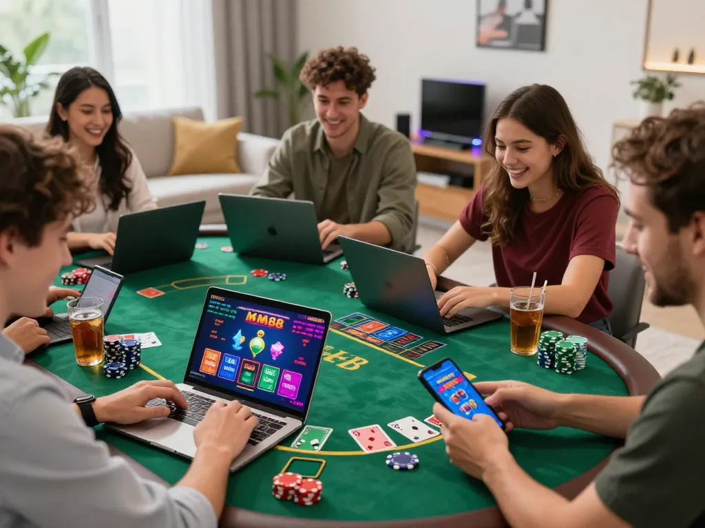 Friends enjoying a lively gaming session on MM88 online casino platform.