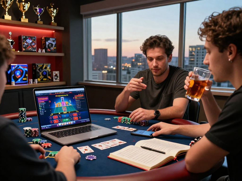 Attività di gioco online con un giocatore e vista di una lista casino non aams sullo schermo del computer, atmosfera vivace e sociale.
