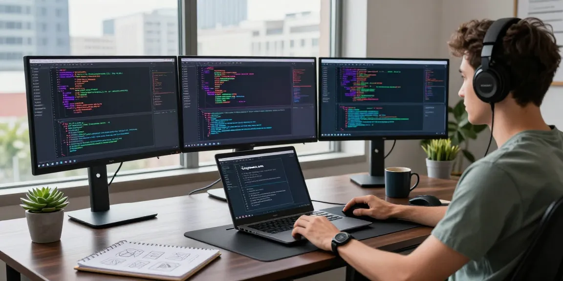 Tech workspace showcasing coding on telegraimin.com with vibrant monitors and urban view.