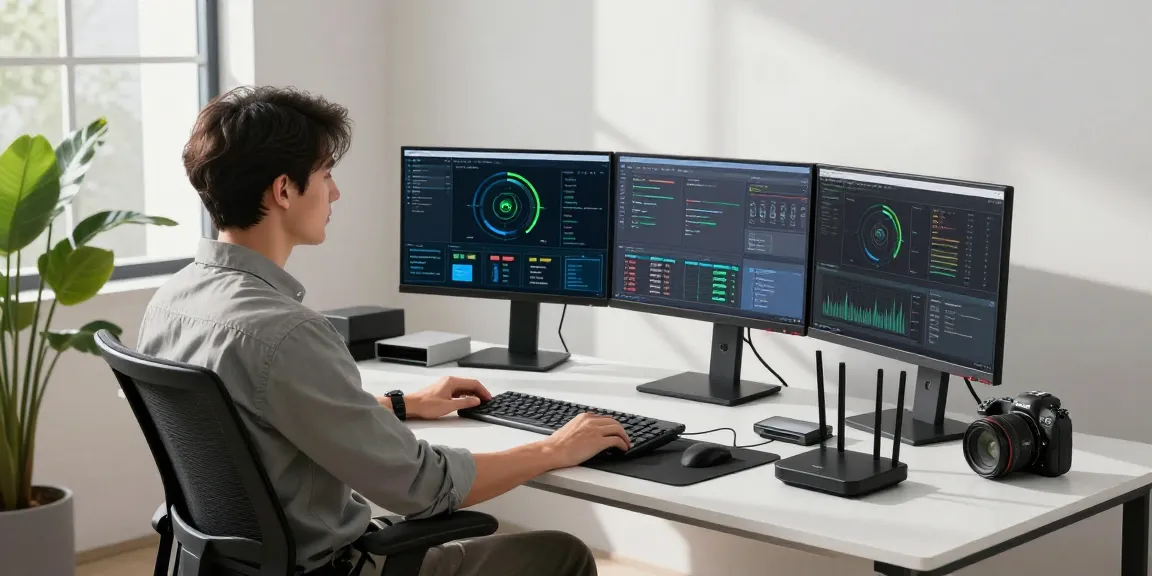 快连 software workspace with network performance analytics, professional developer working with multiple monitors.