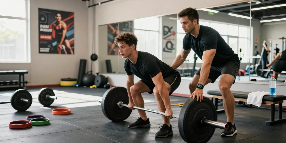 Anabolika Shop dynamic fitness scene with athlete lifting weights and personal trainer in a bright studio.