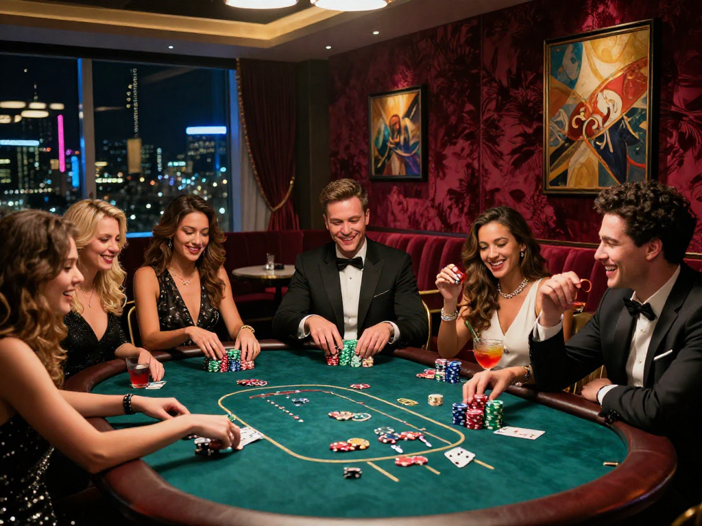 Un gruppo di amici che si diverte in un casinò elegante, mentre esplorano la lista casino non aams con emozione.