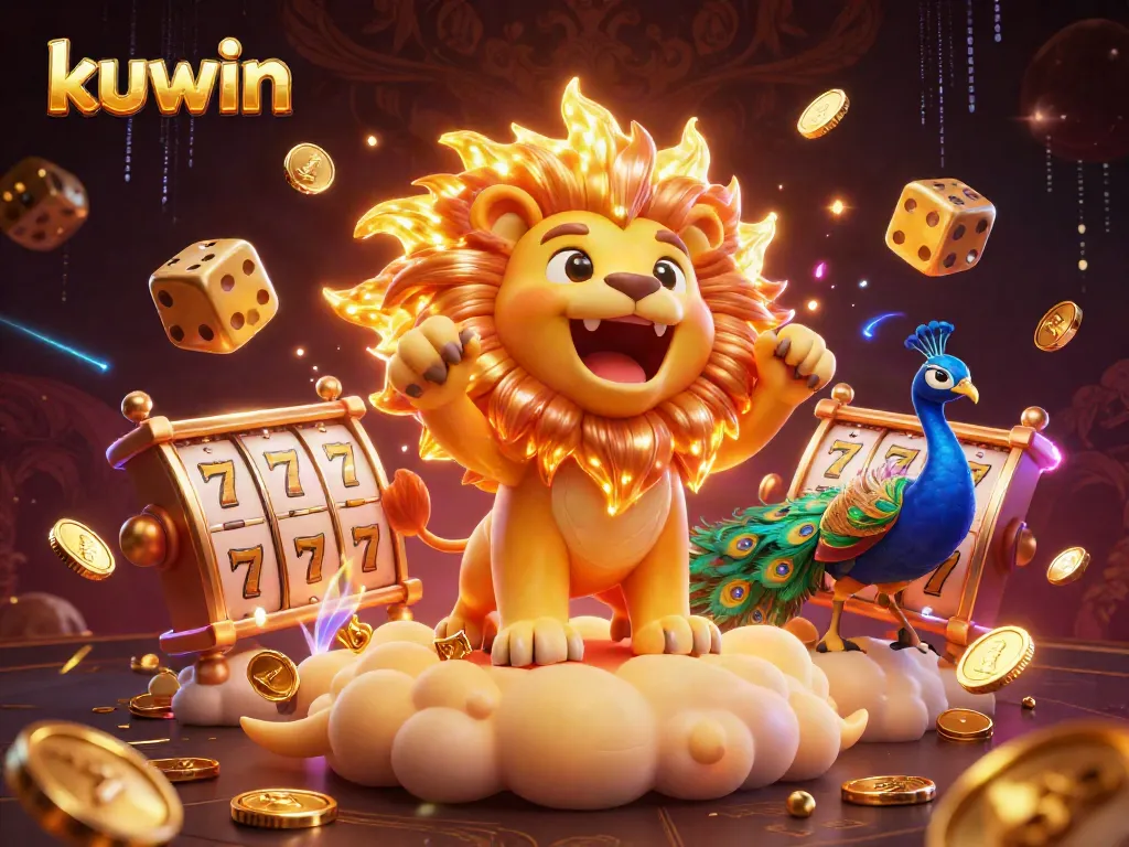 Kuwin casino scene featuring a roaring sun lion, golden dice, and dynamic slot elements.