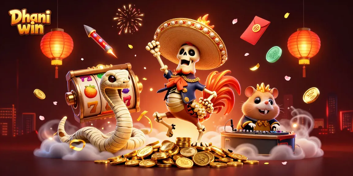Dhani win game illustration with a vibrant victory scene featuring a dancing rooster and slot game elements
