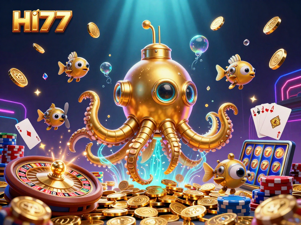Experience HI77's thrilling world of online gambling with an ultra-detailed 3D casino scene.