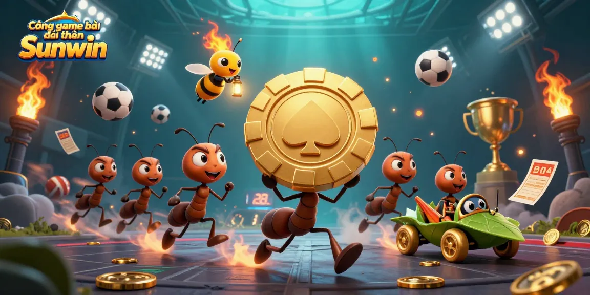 Cổng game bài đổi thưởng Sunwin showcases a team of cartoon ants escaping with a giant poker chip.
