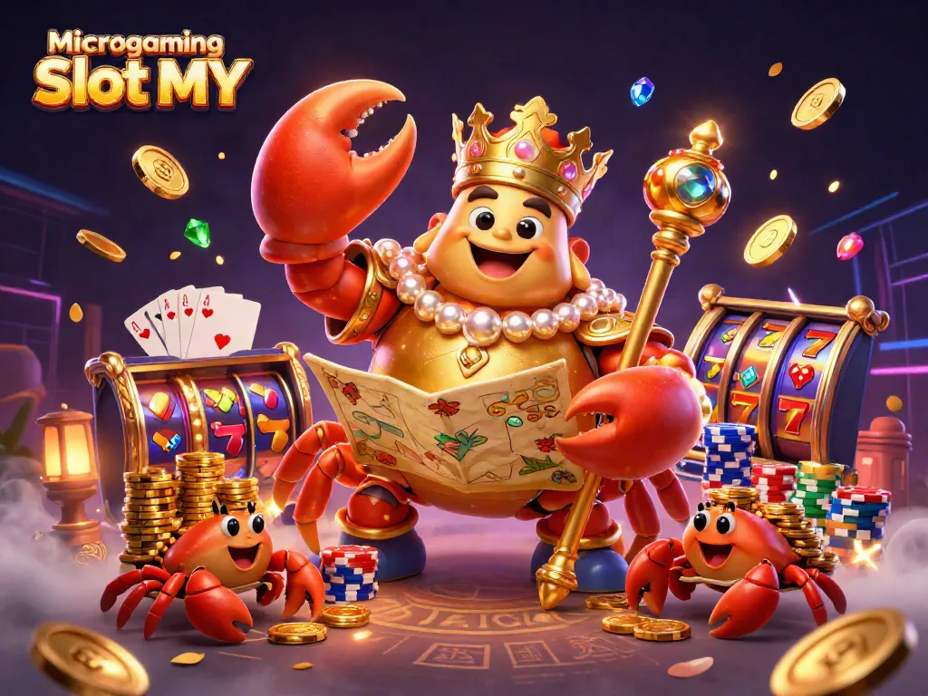 Engage with Microgaming Slot MY showcasing a golden crab emperor amidst dynamic casino elements.