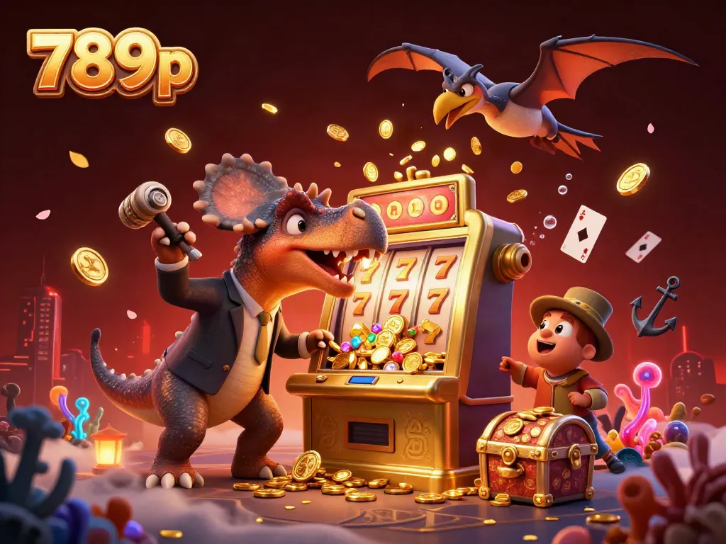 Experience thrilling wins at 789p as a pachycephalosaurus interacts with a slot machine, surrounded by vibrant casino elements.
