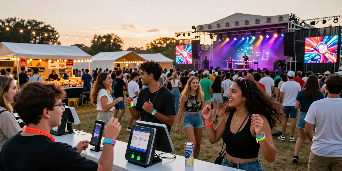 Engaged festival-goers using cashless en festivales NFC wristbands for seamless payments and access control.