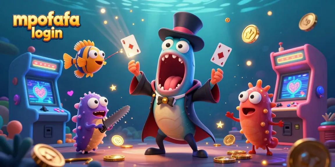 A 3D cartoon illustration showing mpofafa login, featuring a gulper eel performing magic alongside an anglerfish and a sawed sea cucumber.
