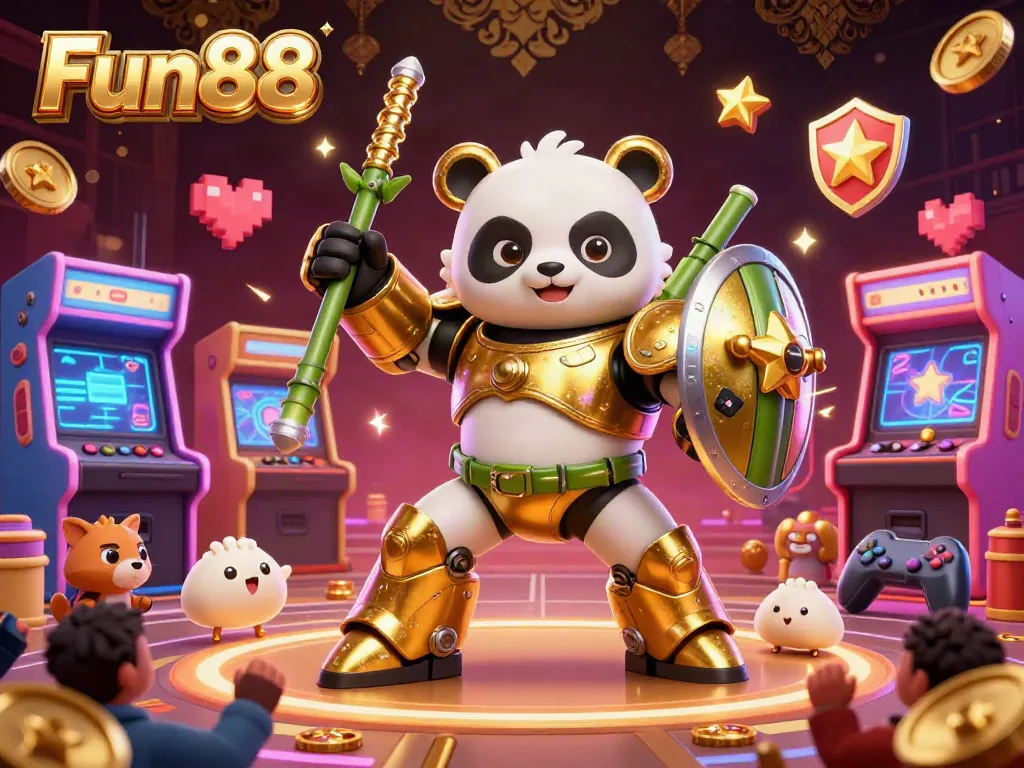Experience Fun88's dynamic gaming scene featuring a mech-suit panda in a vibrant arena filled with arcade elements.