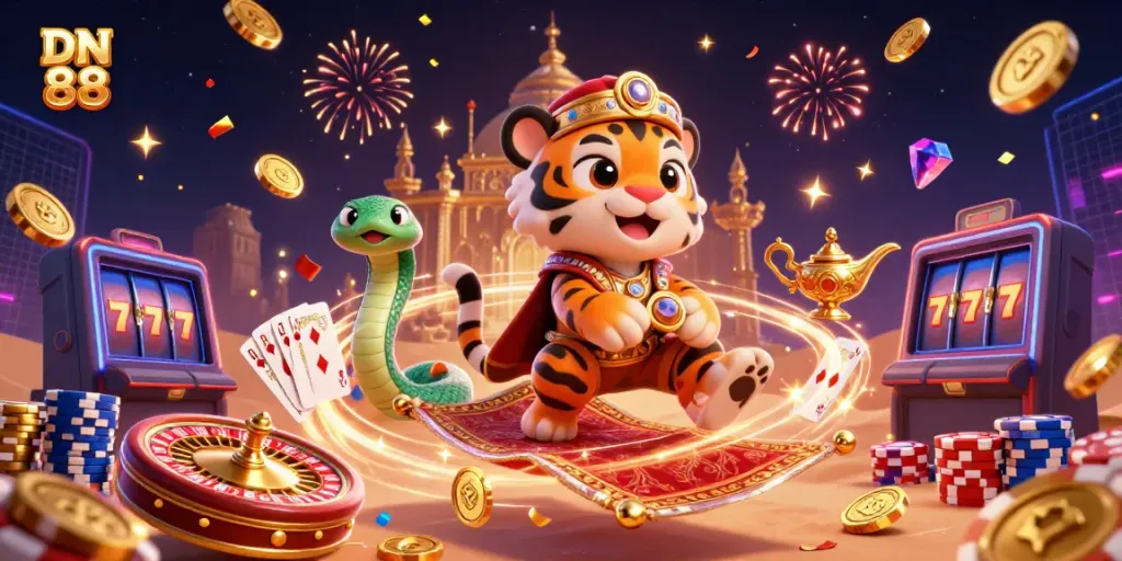 Experience thrilling slots and gaming adventures at DN 88 with alluring illustrations and casino elements.