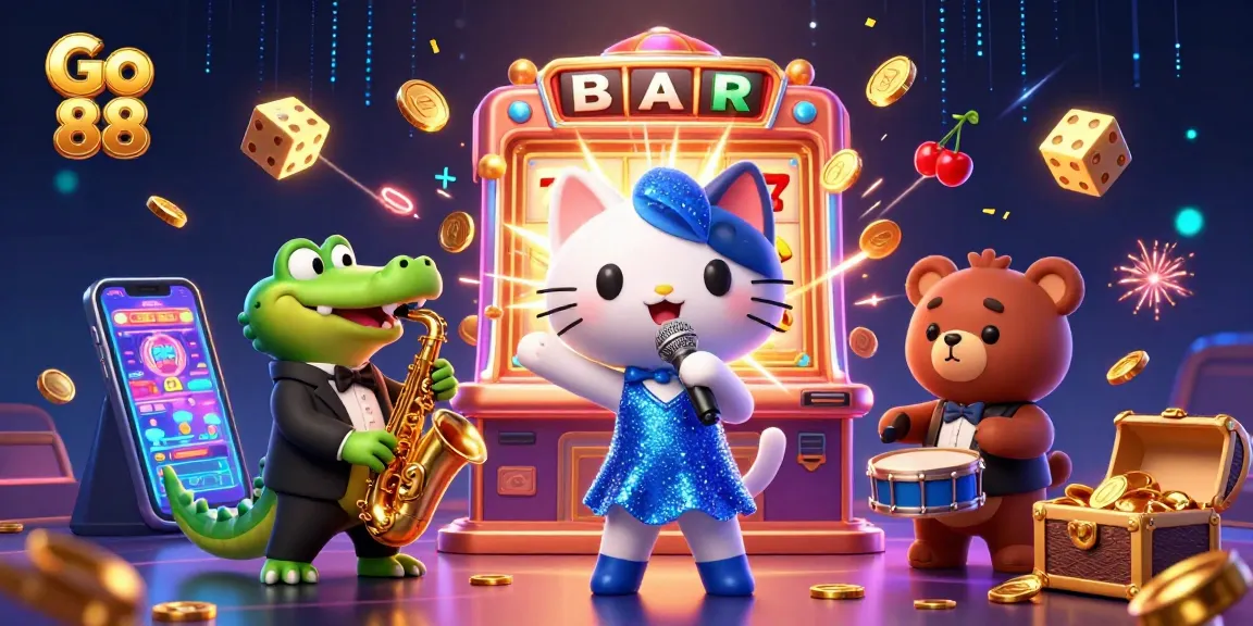 Experience win after win with Go 88 in this vibrant casino scene filled with slot machines and festive elements.
