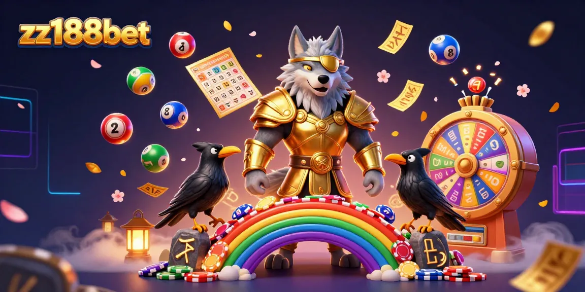 Engage with vibrant gaming elements at zz188bet, featuring a Norse wolf and lottery visuals.