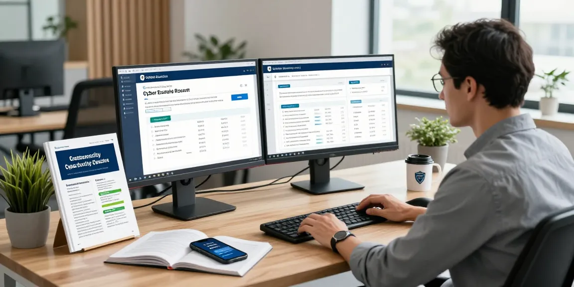 Cyber Essentials questionnaire review in a modern cybersecurity office, with metrics on dual monitors and compliance materials.