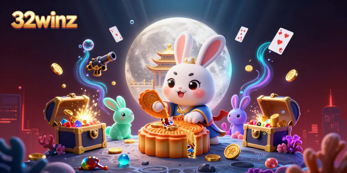Experience thrilling gaming at 32winz with a vibrant 3D illustration of luck and adventure.
