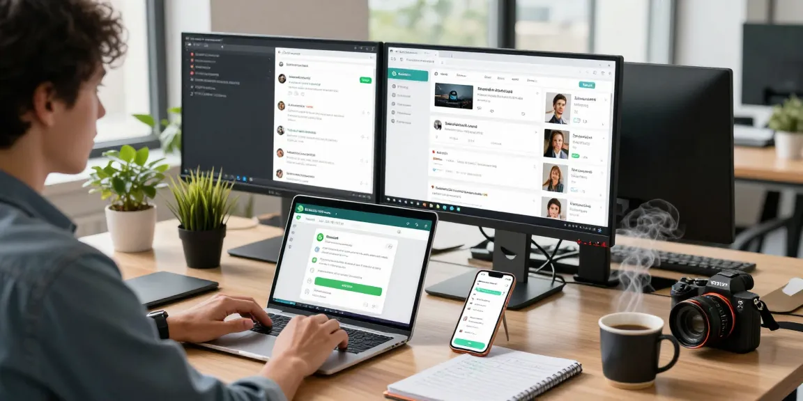 Professional using WhatsApp網頁版 on desktop computer in a modern workspace with dual monitors.