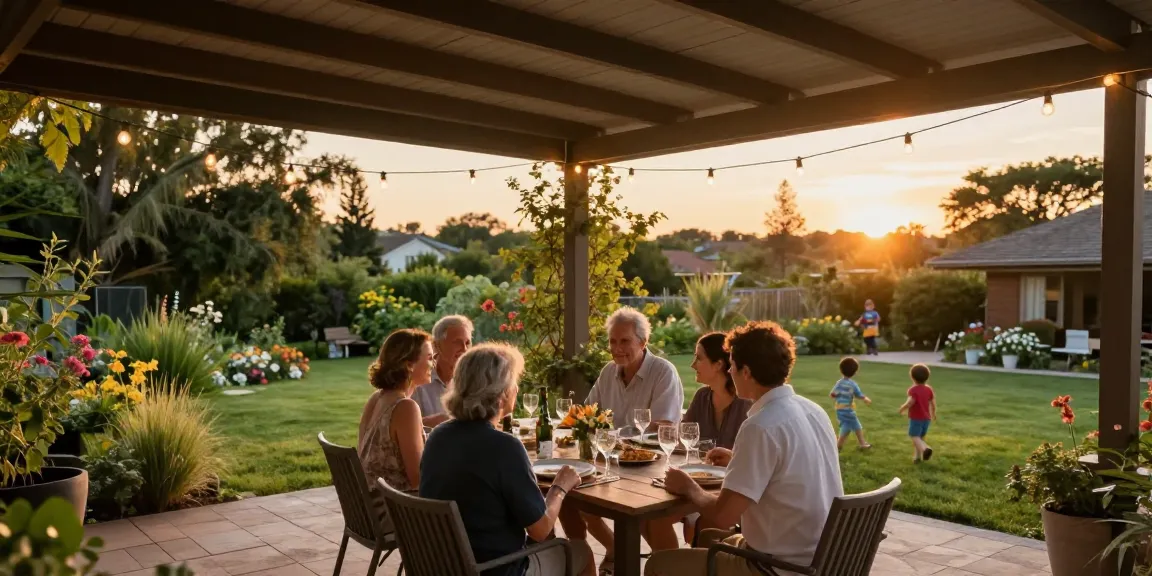 Genießen Sie ein Abendessen unter der freistehenden Terrassenüberdachung in einem wunderschönen Garten.
