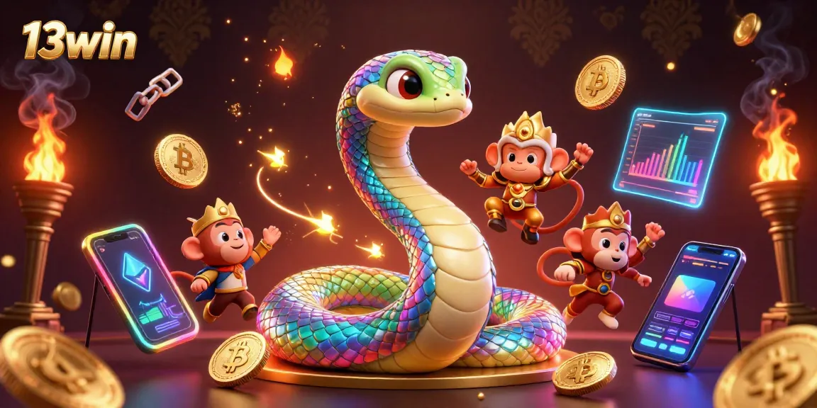Experience thrilling gaming at 13win with vibrant characters and crypto elements showcasing the excitement of online gambling.