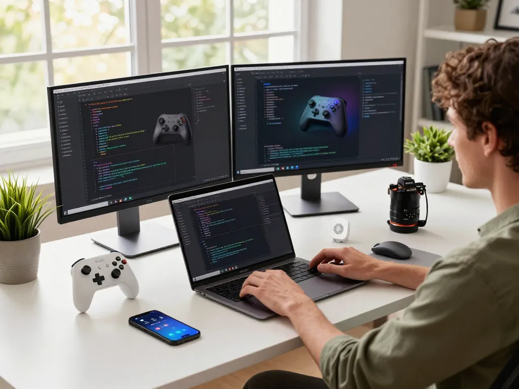 Discover cool tech gadgets under $102 in a modern workspace with innovative devices and bright, natural lighting.