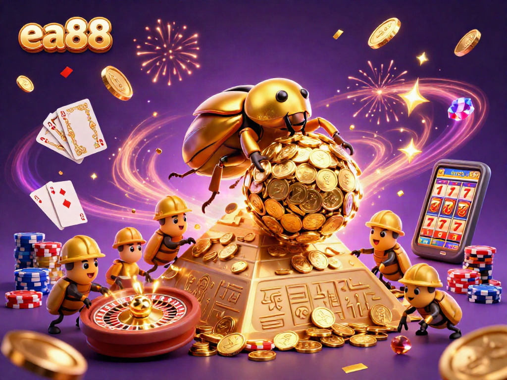ea88 beetles rolling golden coins in a vibrant casino scene with fireworks and confetti.