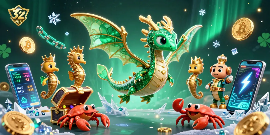 32WIN showcases a captivating dragon and seahorse guardians amid glittering crypto coins in a rich casino scene.