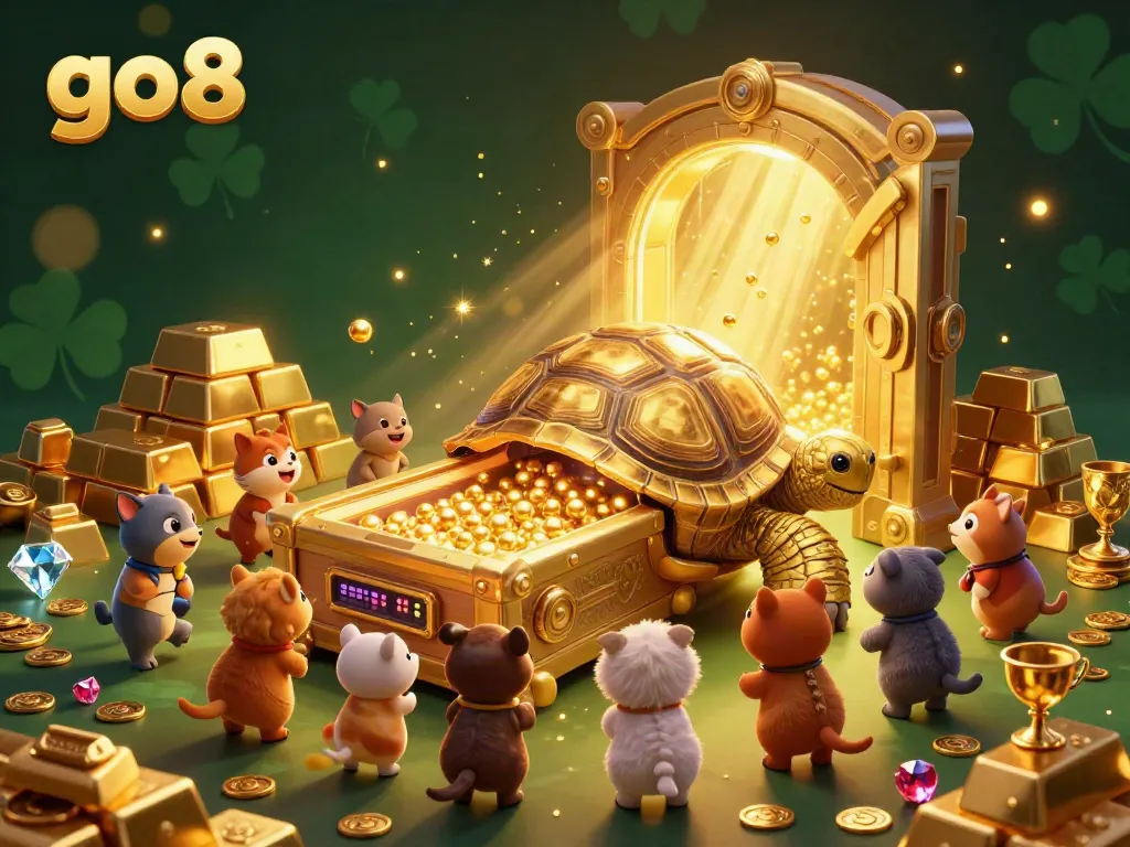 Experience the excitement at go8's vibrant and lavish casino scene filled with playful characters and treasures.