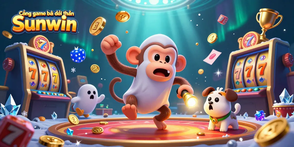 Cổng game bài đổi thưởng Sunwin captivates with a playful scene of a poltergeist monkey and a ghost-hunter puppy in a lively casino.