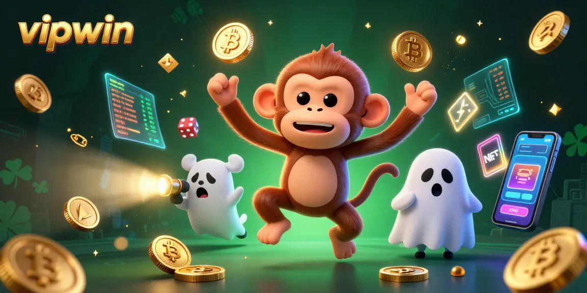 Experience the excitement of vipwin with a playful poltergeist monkey and a curious puppy in a vibrant casino scene.