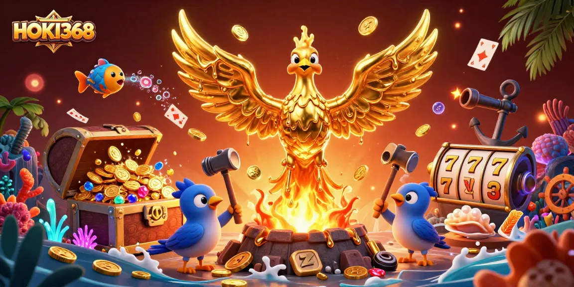 Win big with HOKI368 as a golden phoenix emerges with treasures from the depths.