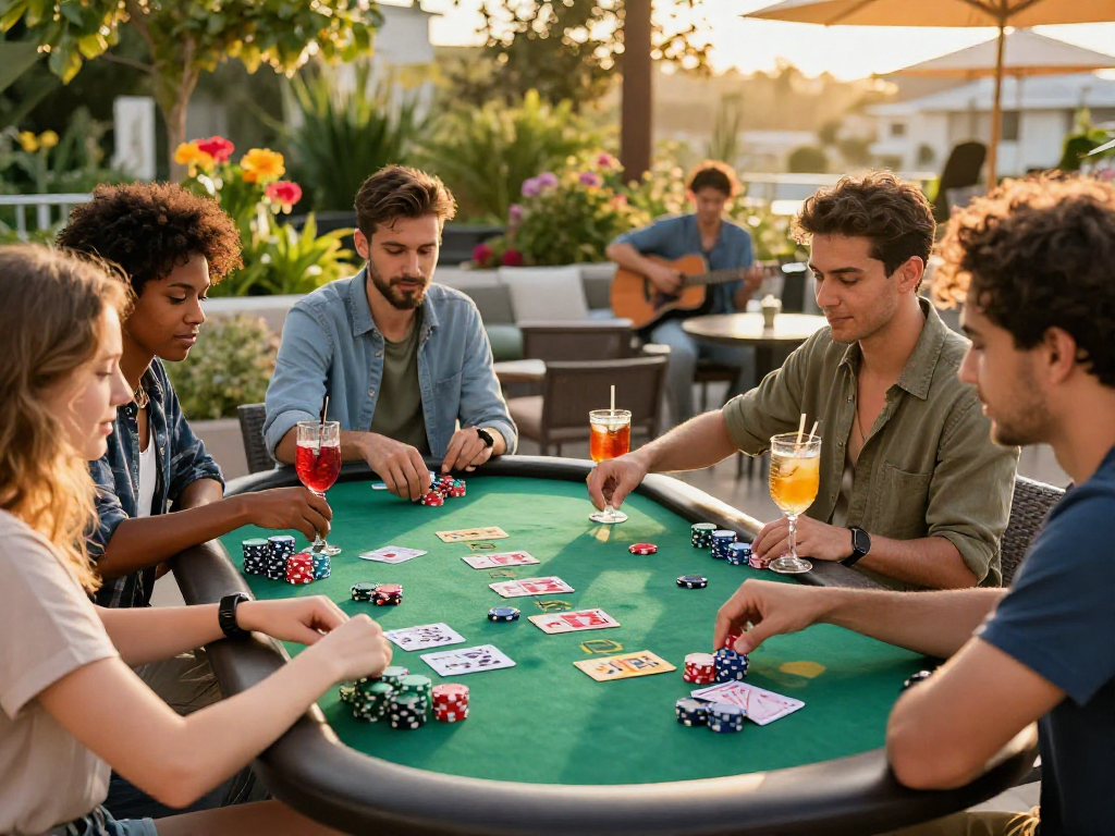 Giocatori felici con la lista casino non aams su una terrazza soleggiata, immersi in un'emozionante partita di blackjack.