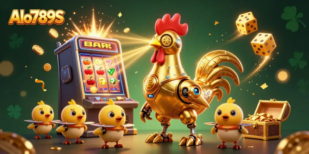 Engage in thrilling gameplay at Alo789S featuring a futuristic golden rooster robot and baby chick drones amidst a jackpot explosion.
