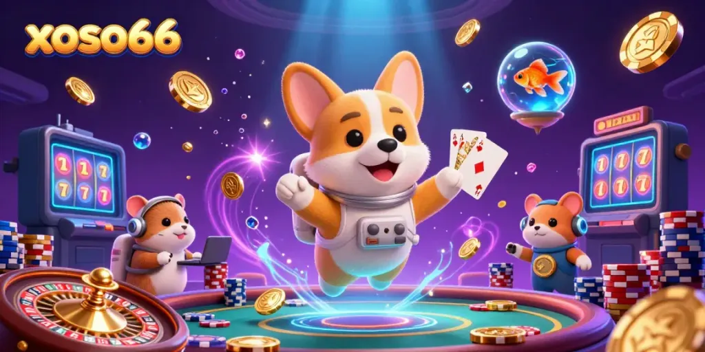 Experience the excitement of xoso66 with a floating astronaut corgi and lively casino elements.