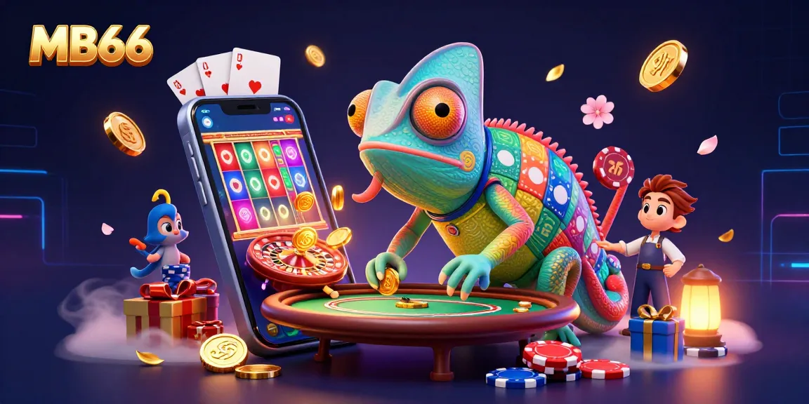 Experience thrilling games at MB66 with a vibrant casino scene featuring our unique chameleon owner.