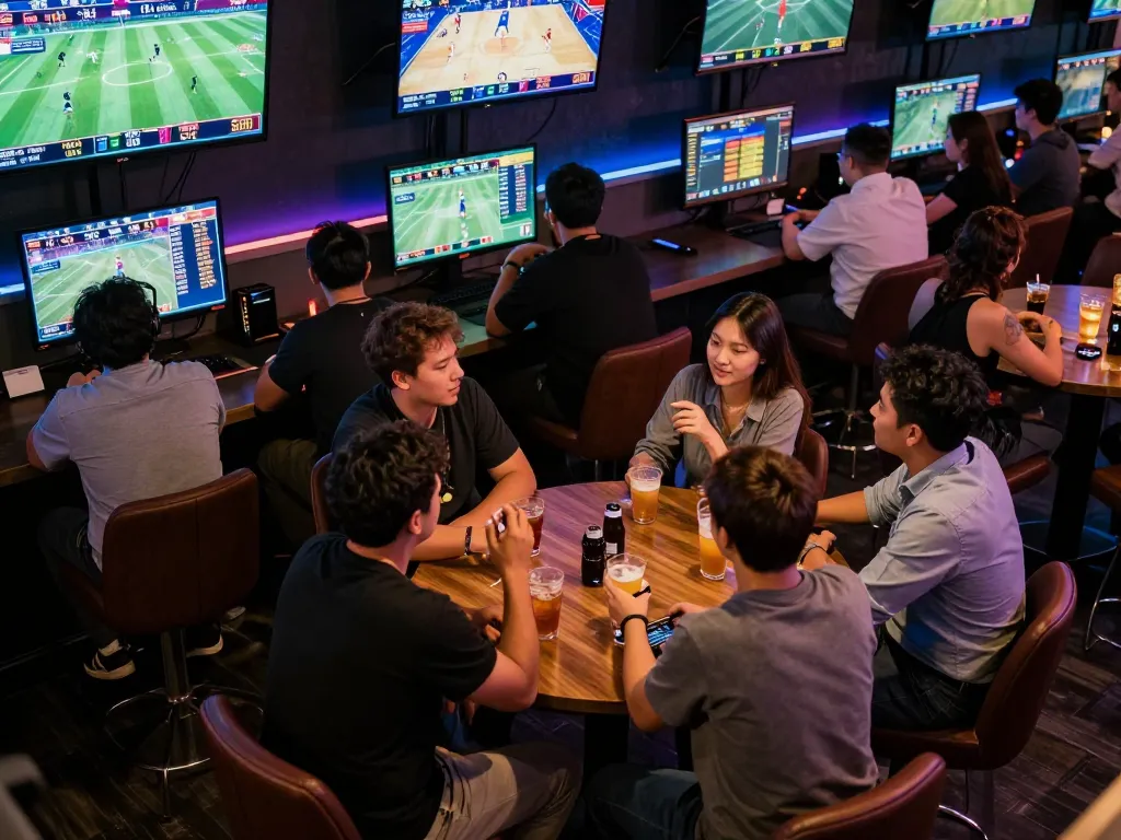 Engaged sports betting enthusiasts analyzing kèo nhà cái hôm nay in a vibrant lounge.