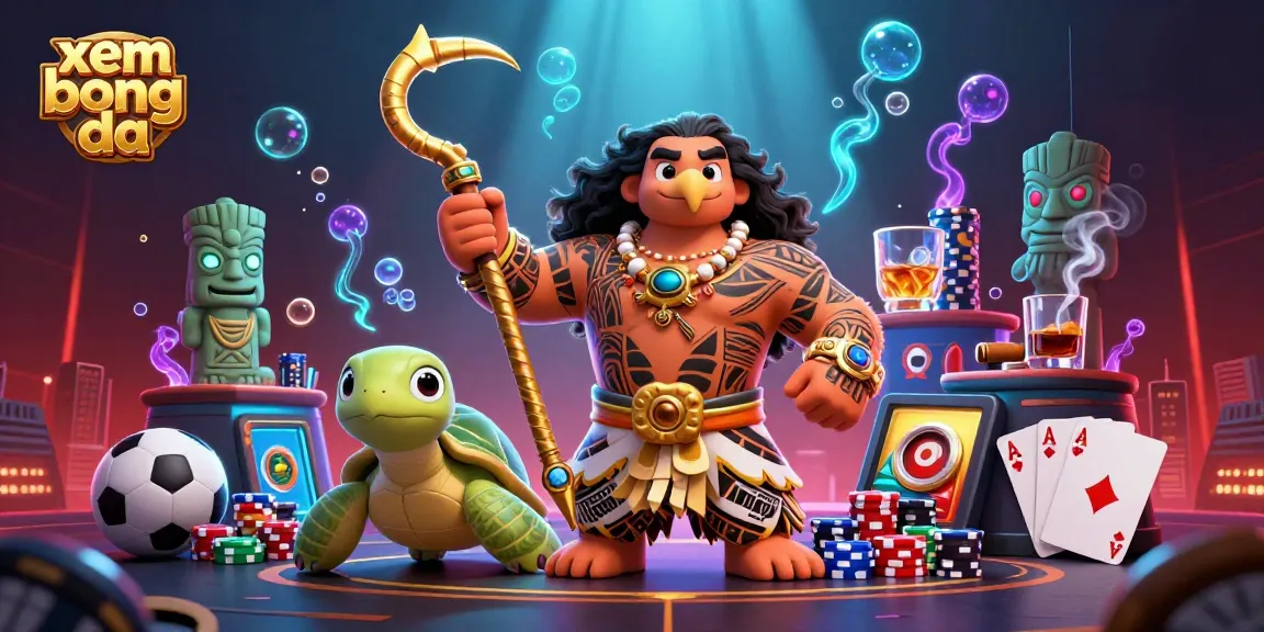 Xem bong da with a Maui-style demigod hawk and turtle sidekick in a vibrant and dynamic sports betting scene.